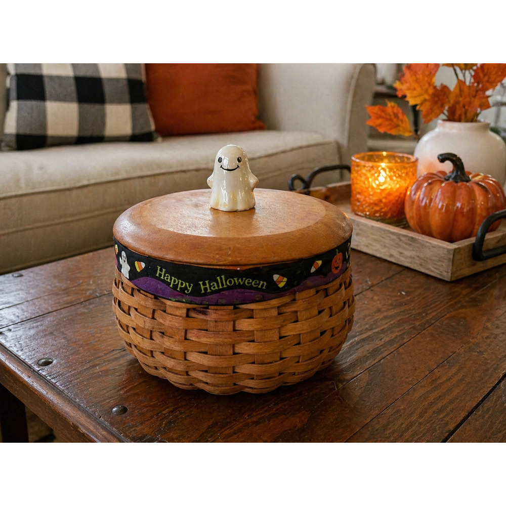 Longaberger 2004 Happy Halloween Candy Basket Lid Ghost Knob Liner Protector